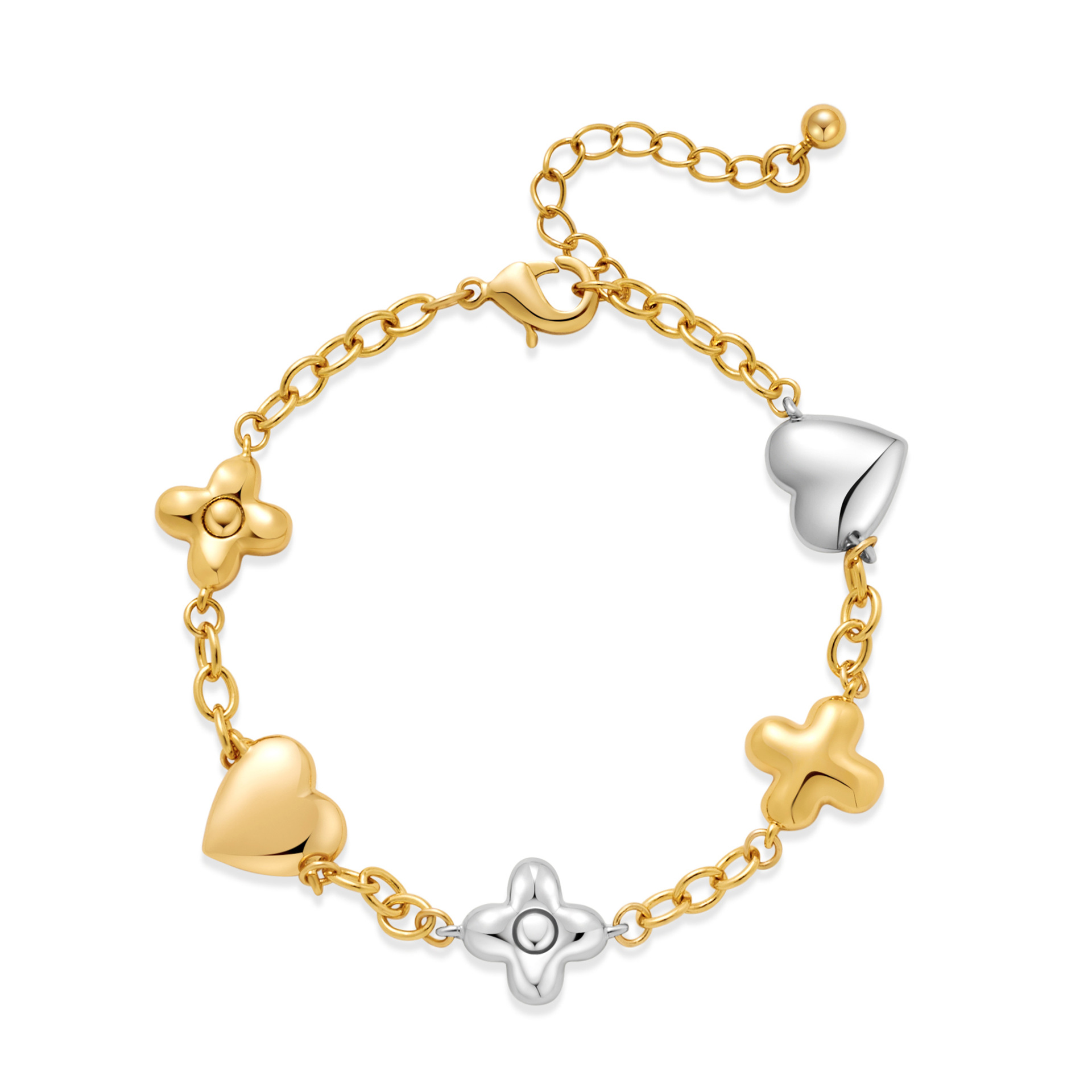 Gold & Silver Plated Copper Bracelet - Two-Tone Adjustable Charm Bracelet with Lucky Clover and Heart for Women