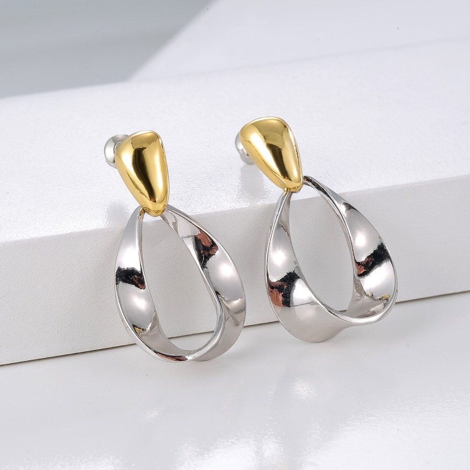 Two - Tone Gold & Silver Drop Earrings with Teardrop - Shaped Pendant