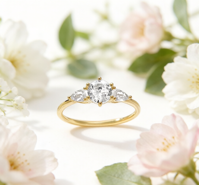 Gold Plated Round Marquise Three-Stone Engagement Ring