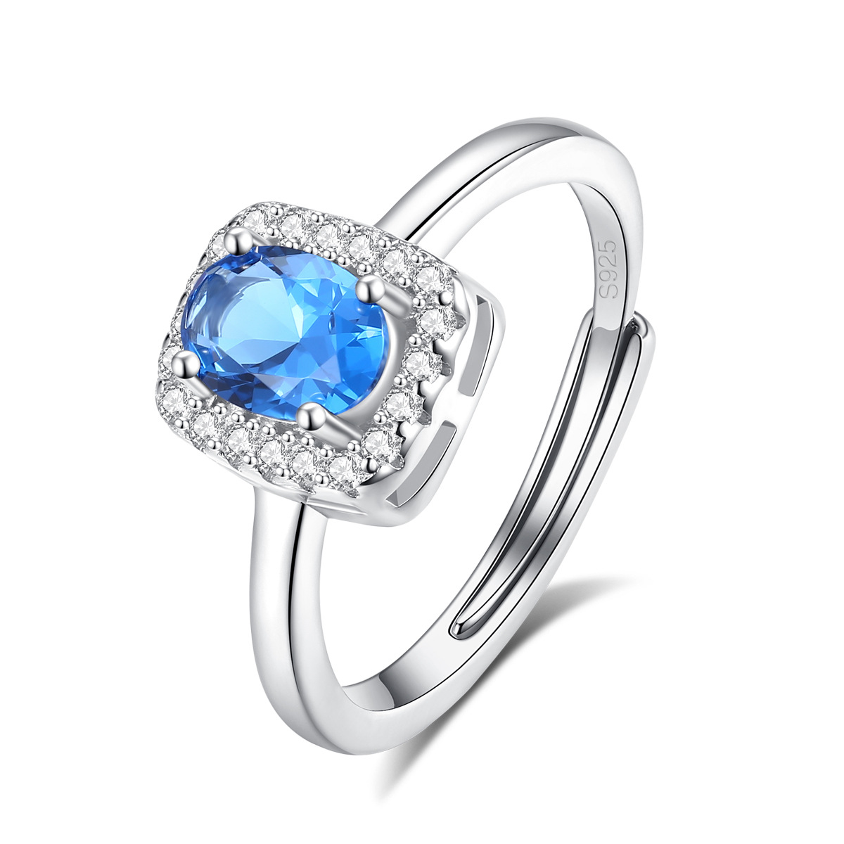 S925 Sterling Silver Adjustable Cushion-Cut Blue Halo Ring with Cubic Zirconia