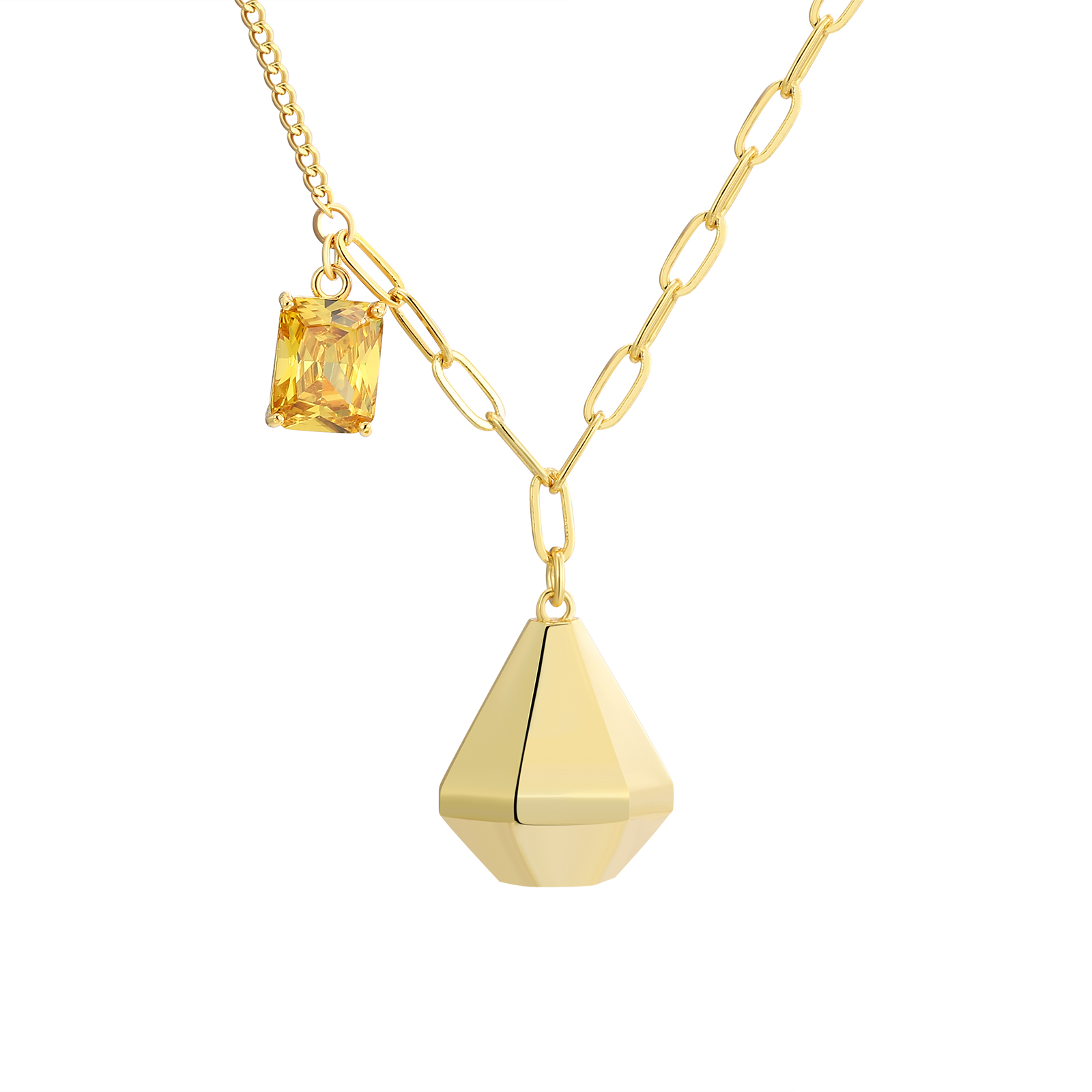 Geometric Smile Pendant Necklace with Yellow Gemstone