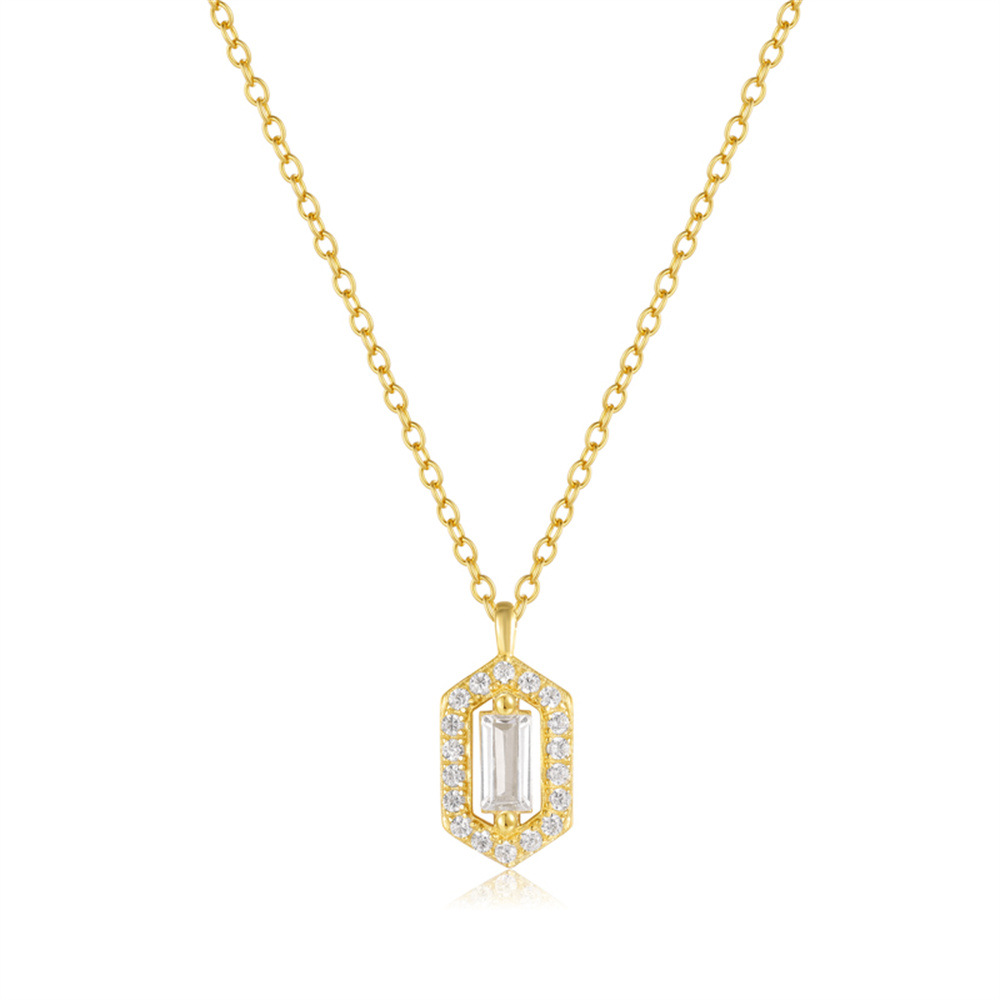 Modern Geometric Gold-Tone Pendant Necklace with Emerald Cut Cubic Zirconia