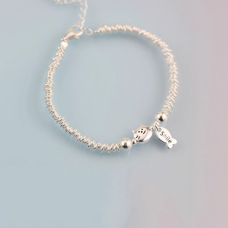 Silver Bracelet with Cat, Fish and "Smile" Charm - Cute Adjustable Jewelry for Women