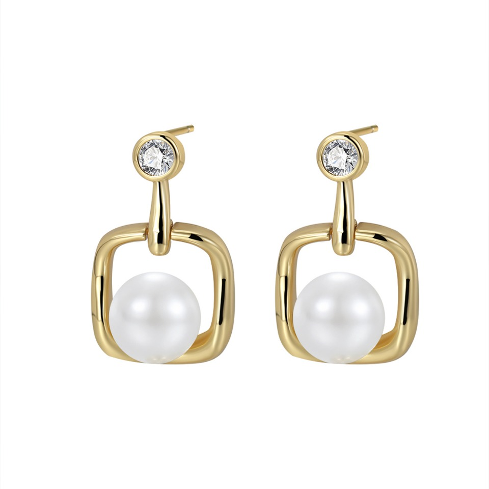 Modern Gold - Plated Square - Frame Pearl & Cubic Zirconia Drop Earrings