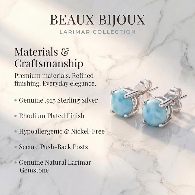 Sterling Silver Blue Chalcedony Stud Earrings - 925 Sterling Silver Round Solitaire Push Back Earrings for Women, Minimalist Gemstone Jewelry