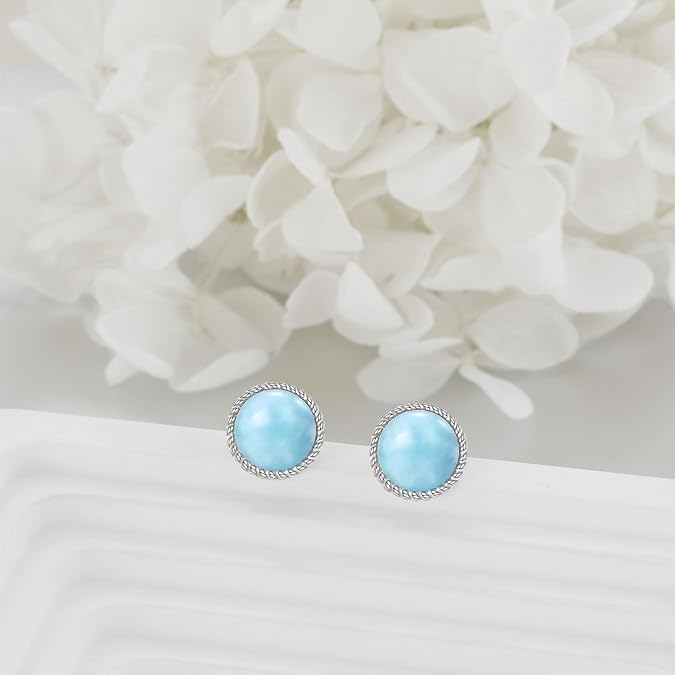 Vintage Rope Edge Stud Earrings with Light Blue Cabochon
