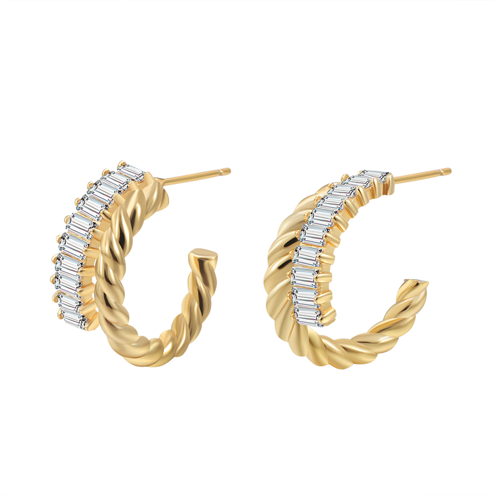Gold - Plated Twisted Hoop Earrings with Baguette - Cut Crystal Inlay