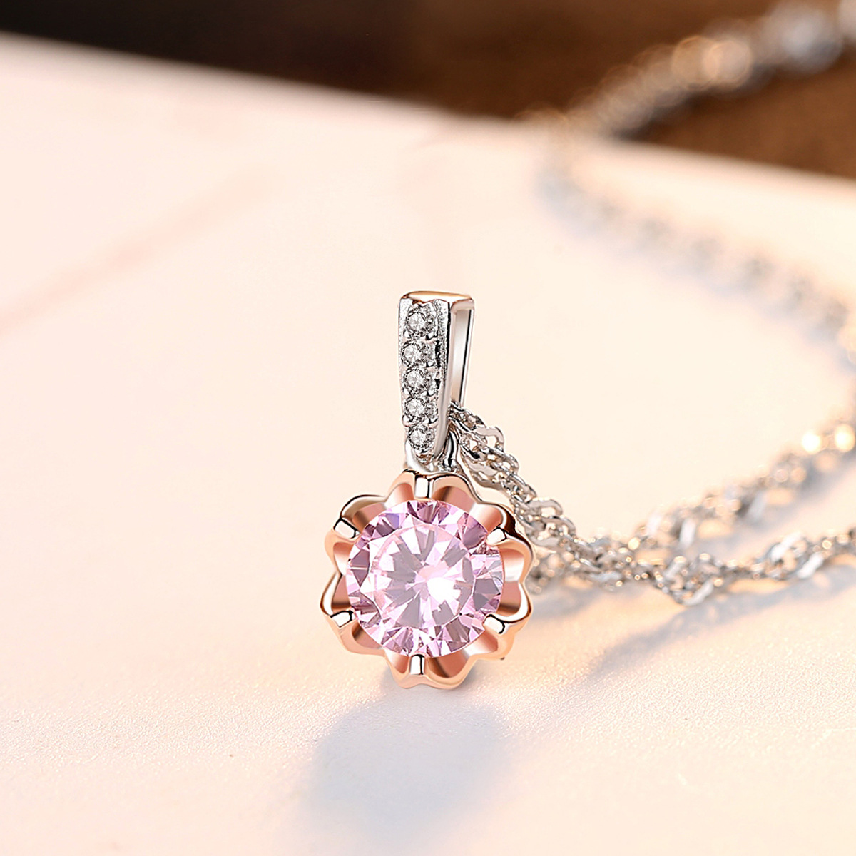 Rose Gold Plated Flower Pendant Necklace with Pink Cubic Zirconia