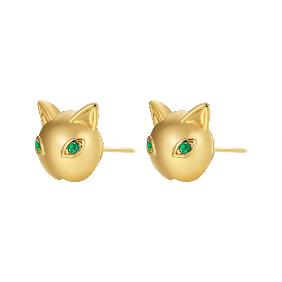 Golden Cat - Head Stud Earrings with Emerald - Like Eyes