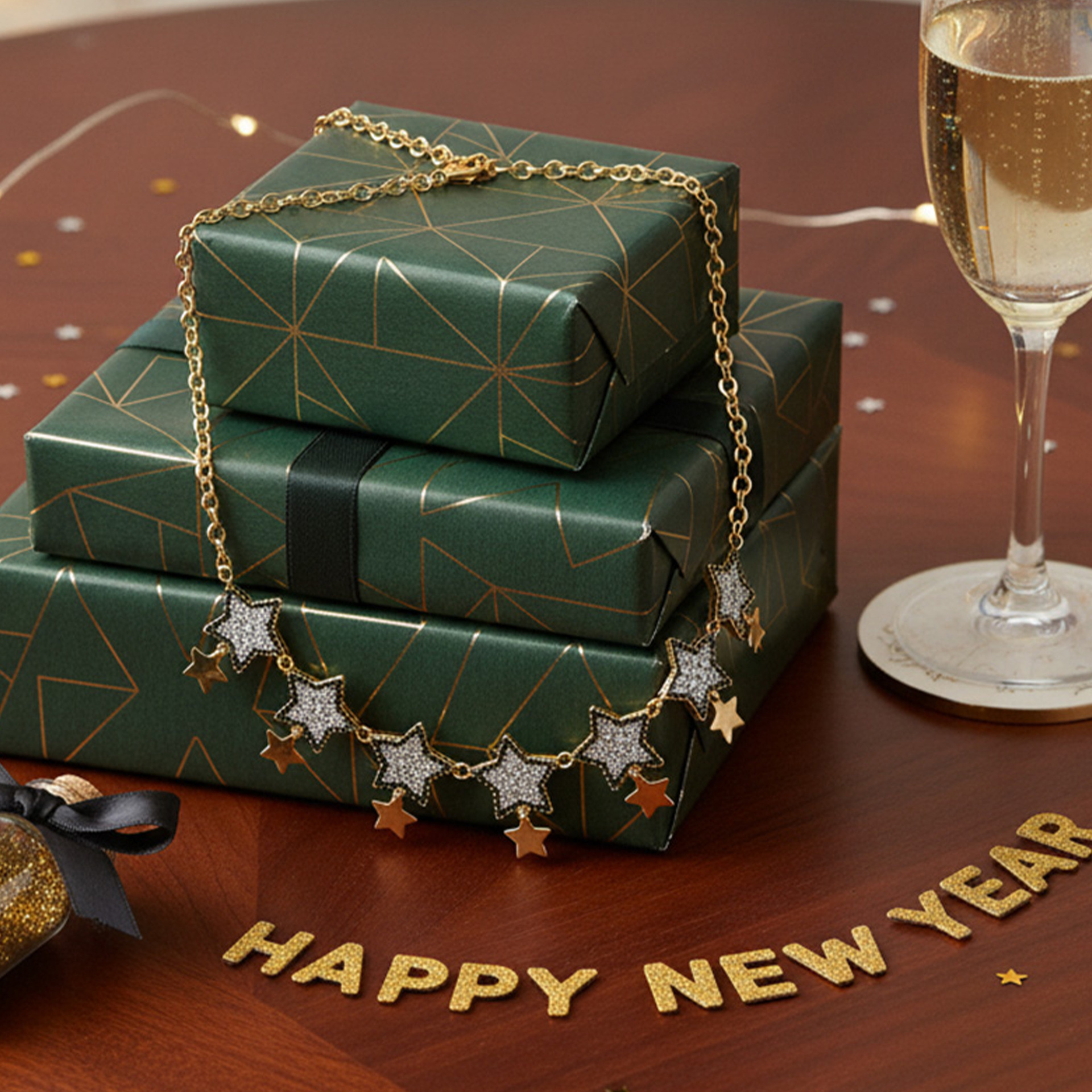 Trendy Gold-Plated Brass Double-Layer Star Necklace with Pave Setting
