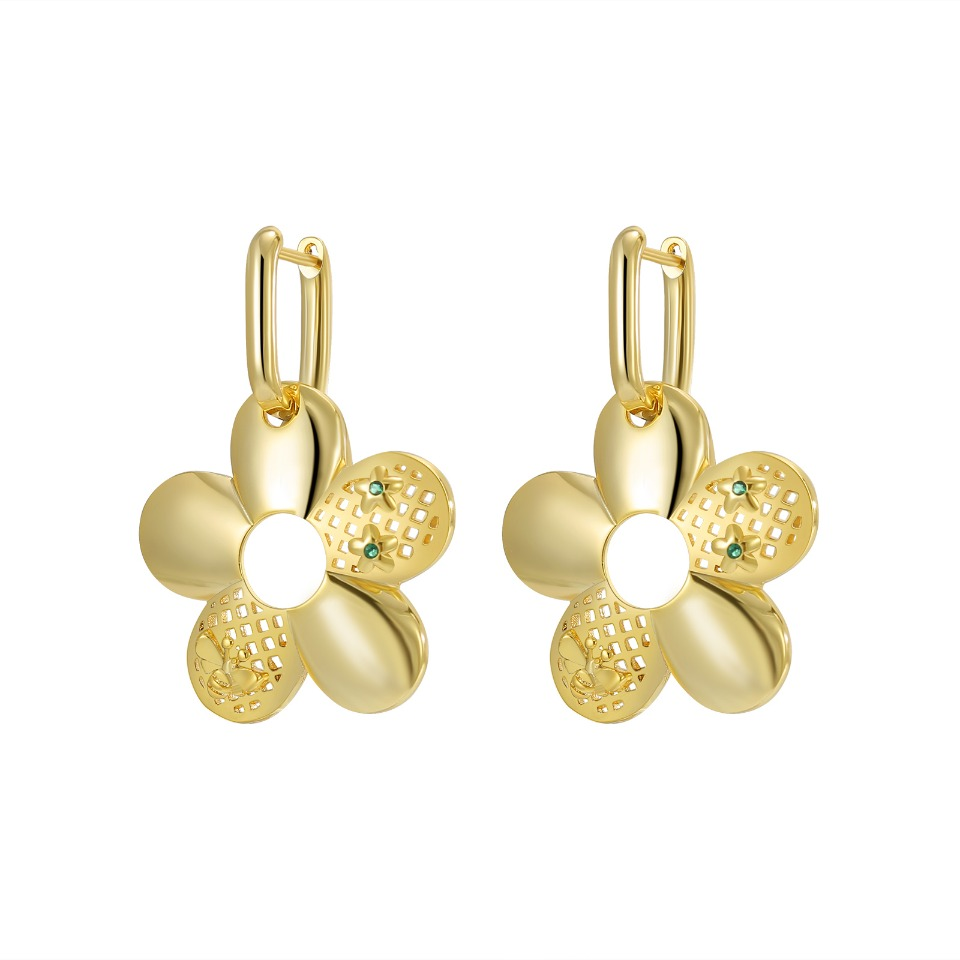 Gold - Toned Floral Huggie Hoop Earrings with Cut - Out Petals & Emerald Accents