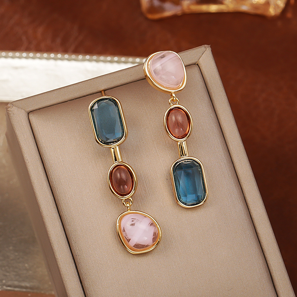 Geometric Color Block Long Drop Earrings in Gold-Tone Copper