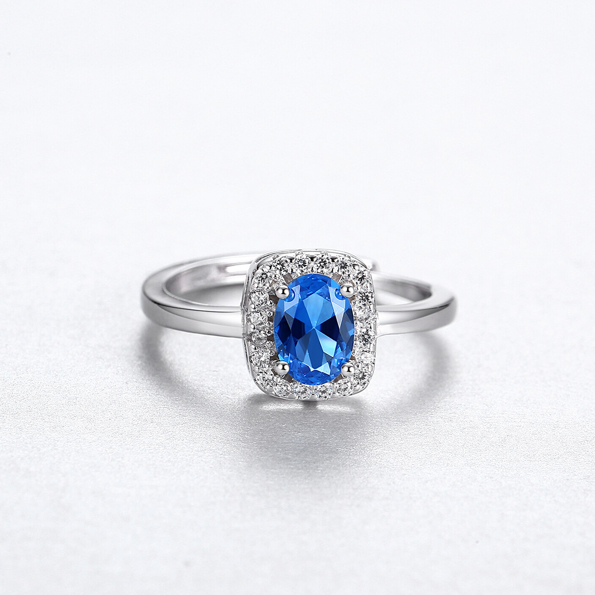 S925 Sterling Silver Adjustable Cushion-Cut Blue Halo Ring with Cubic Zirconia