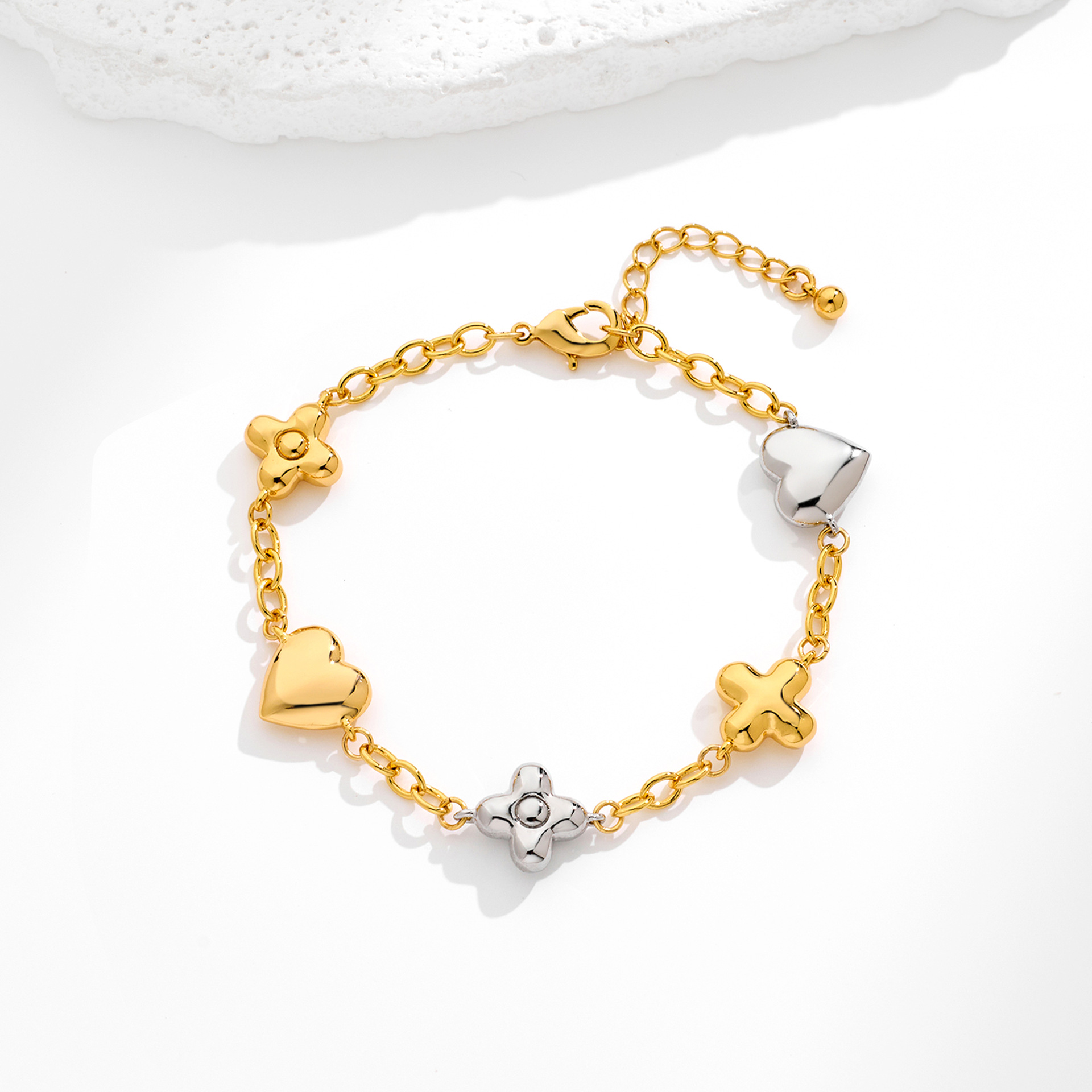 Gold & Silver Plated Copper Bracelet - Two-Tone Adjustable Charm Bracelet with Lucky Clover and Heart for Women