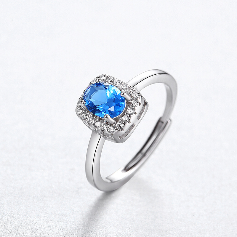 S925 Sterling Silver Adjustable Cushion-Cut Blue Halo Ring with Cubic Zirconia