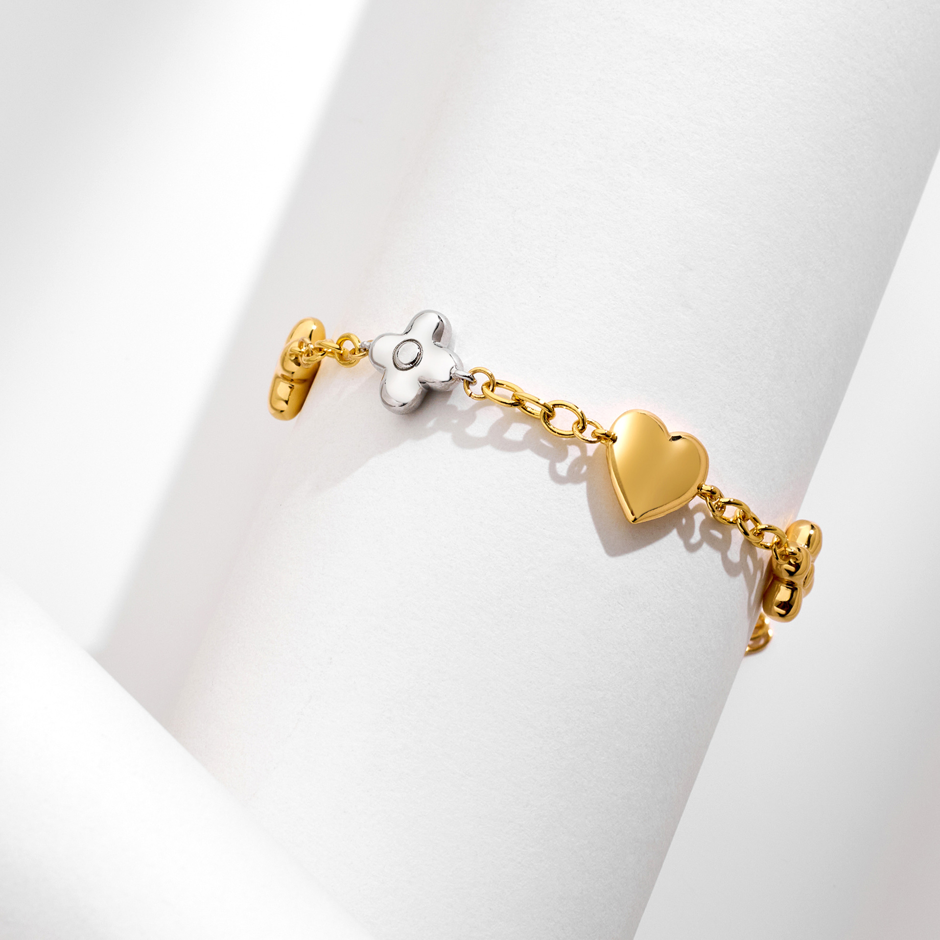 Gold & Silver Plated Copper Bracelet - Two-Tone Adjustable Charm Bracelet with Lucky Clover and Heart for Women