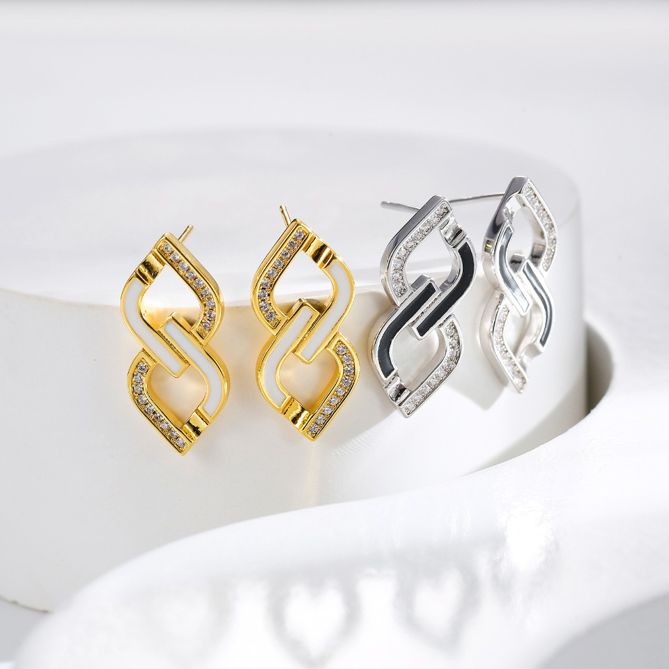 Gold-Tone Geometric Link Earrings with Crystal Accents