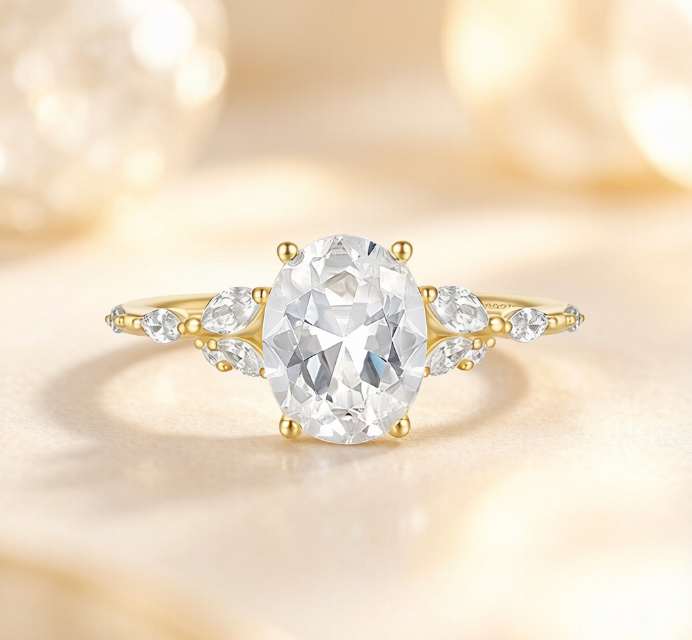 Elegant Oval Cut Engagement Ring with Marquise Diamond Accents in 18K Yellow Gold