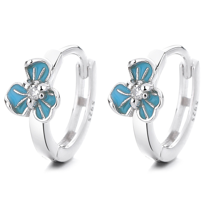 Elegant 925 Sterling Silver Blue Enamel Clover Huggie Hoop Earrings