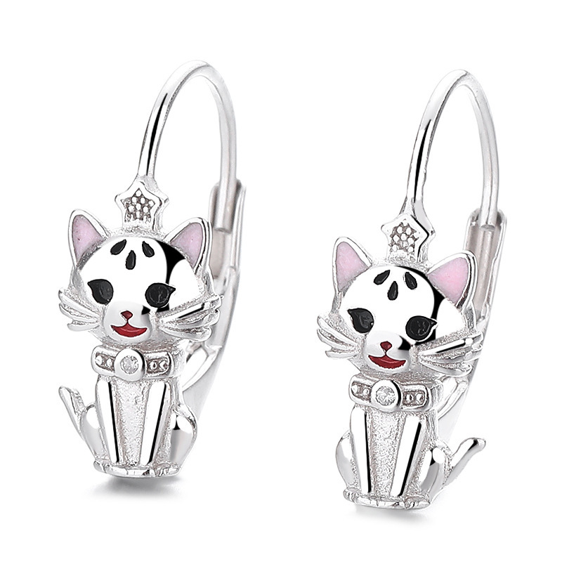 Cute Sterling Silver Crowned Cat Hoop Earrings with Pink Enamel Details