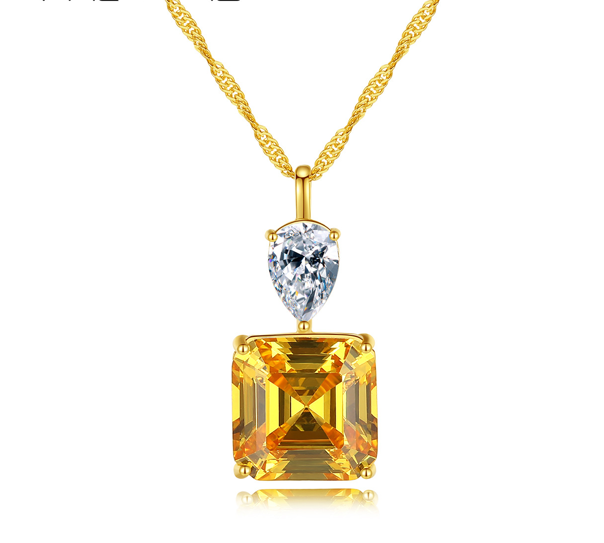 Sterling Silver Asscher Cut Clear Pendant Necklace with Pear-Shaped Accent