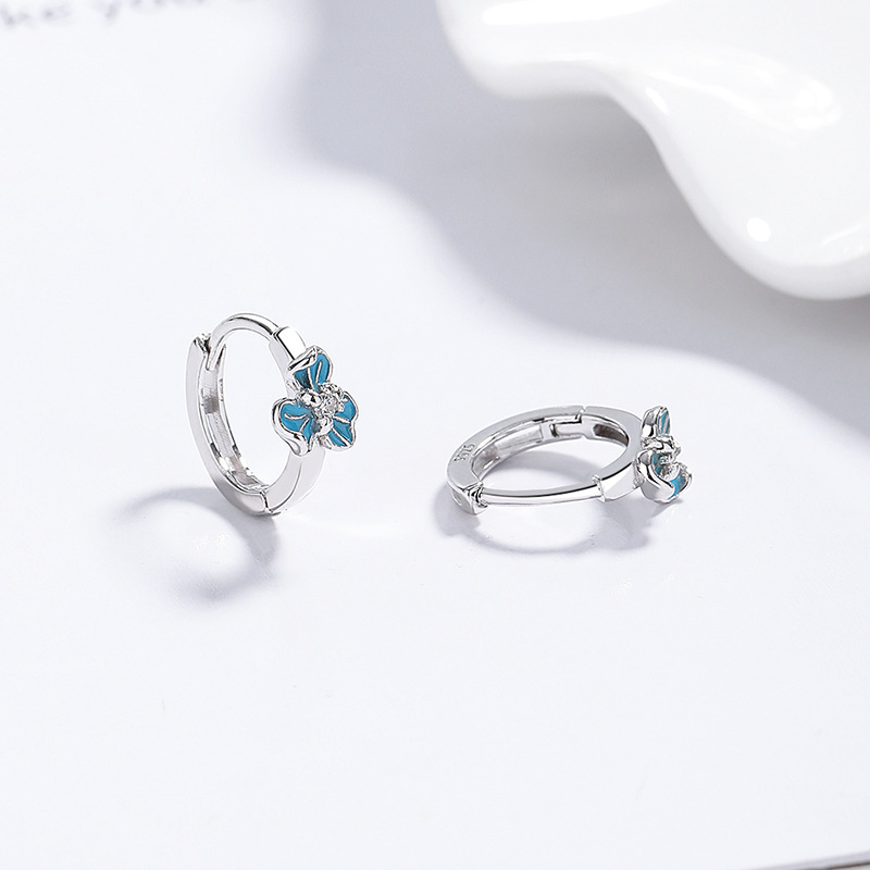 Elegant 925 Sterling Silver Blue Enamel Clover Huggie Hoop Earrings