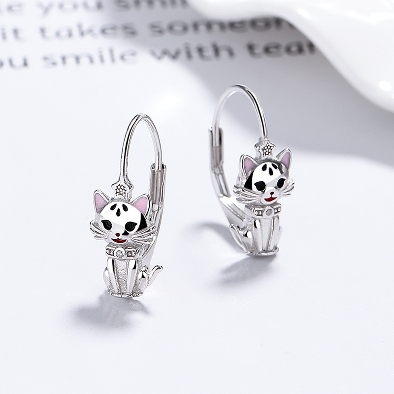 Cute Sterling Silver Crowned Cat Hoop Earrings with Pink Enamel Details