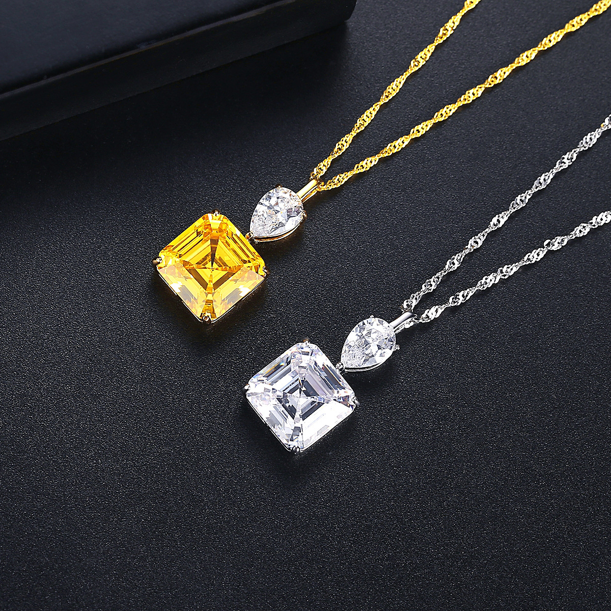 Sterling Silver Asscher Cut Clear Pendant Necklace with Pear-Shaped Accent