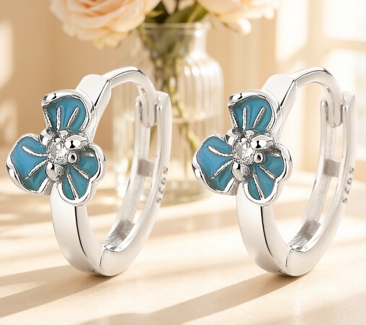 Elegant 925 Sterling Silver Blue Enamel Clover Huggie Hoop Earrings