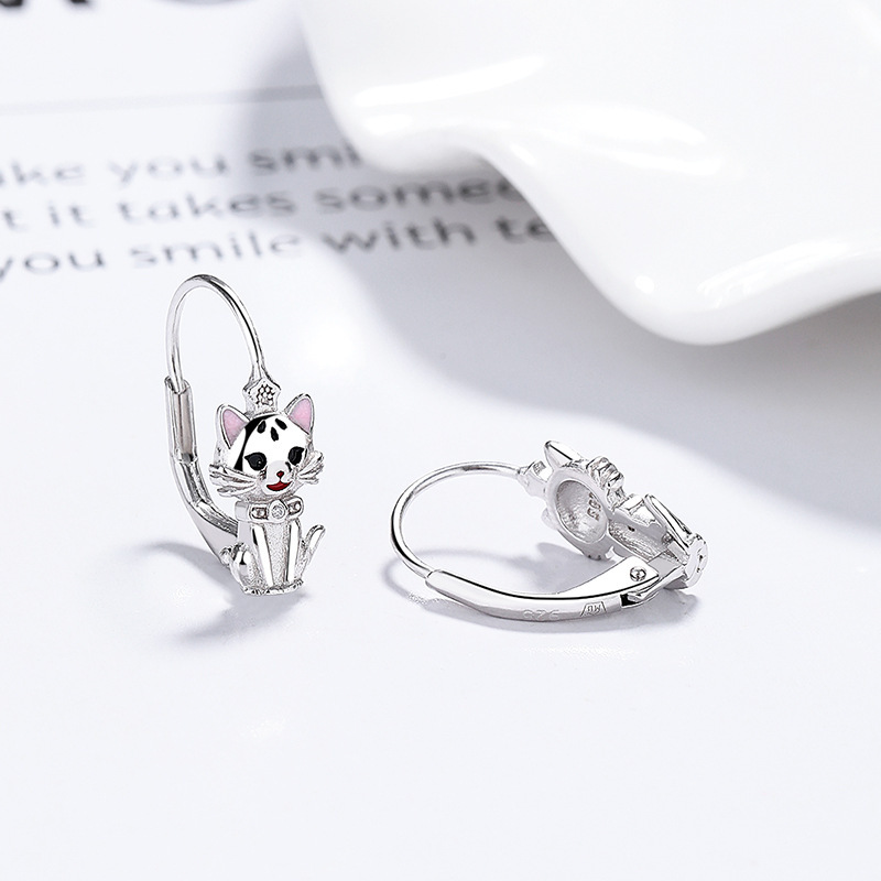 Cute Sterling Silver Crowned Cat Hoop Earrings with Pink Enamel Details
