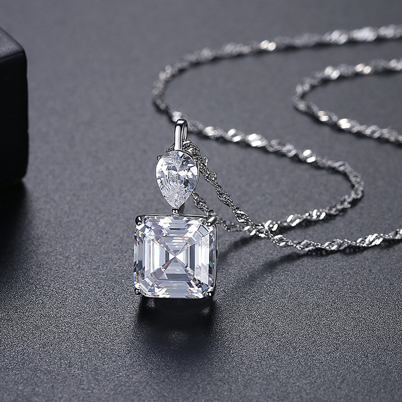 Sterling Silver Asscher Cut Clear Pendant Necklace with Pear-Shaped Accent
