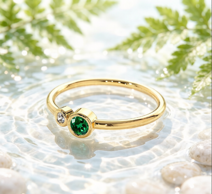 Emerald and Diamond Two-Stone Ring in Sterling Silver