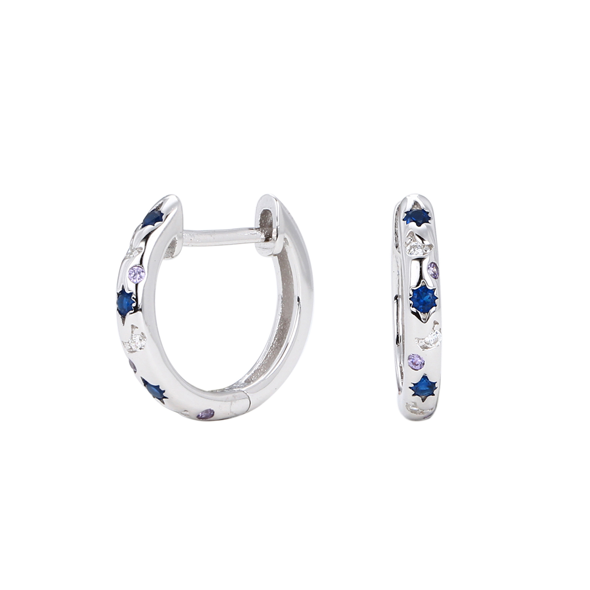 Elegant Silver Huggie Hoop Earrings with Sapphire