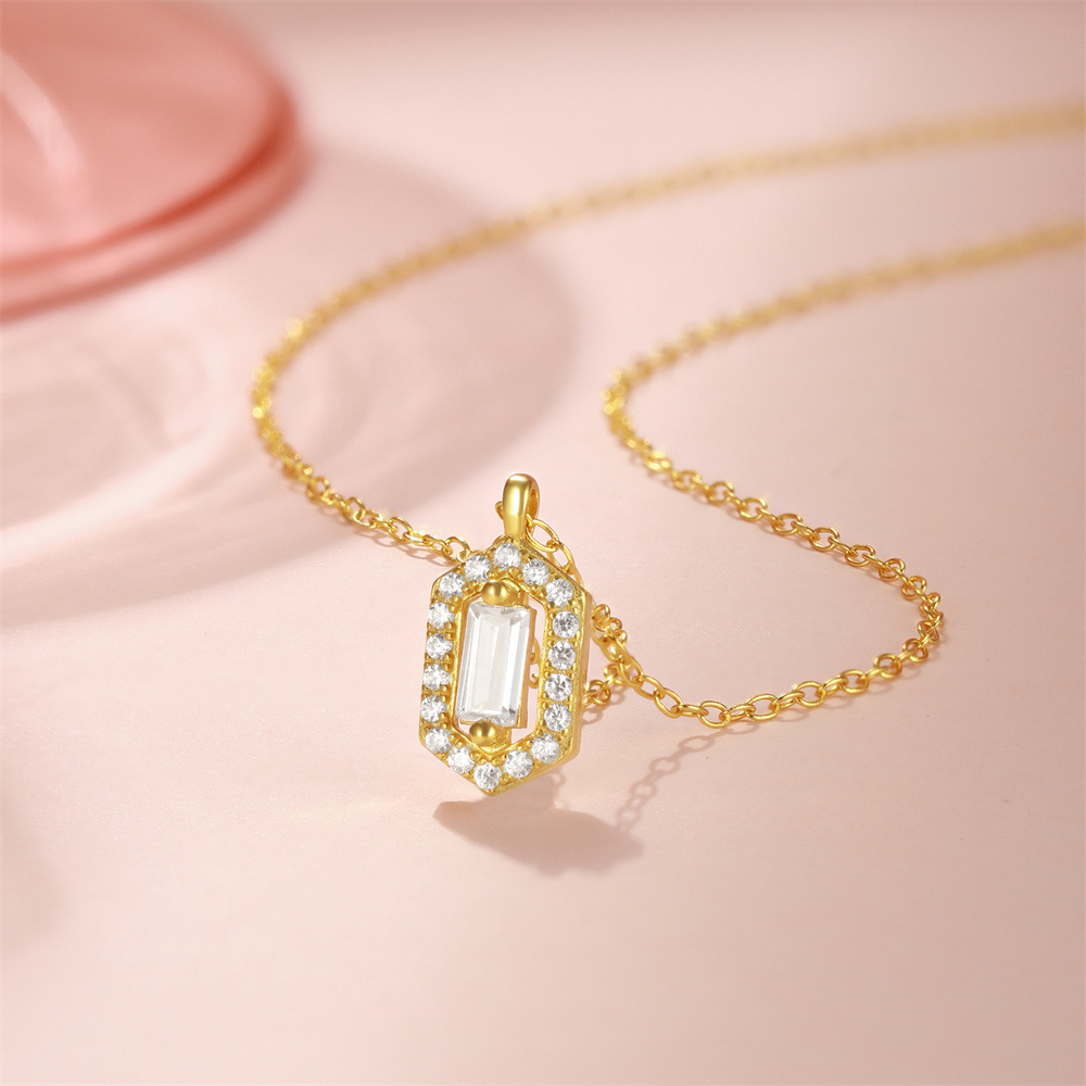 Modern Geometric Gold-Tone Pendant Necklace with Emerald Cut Cubic Zirconia
