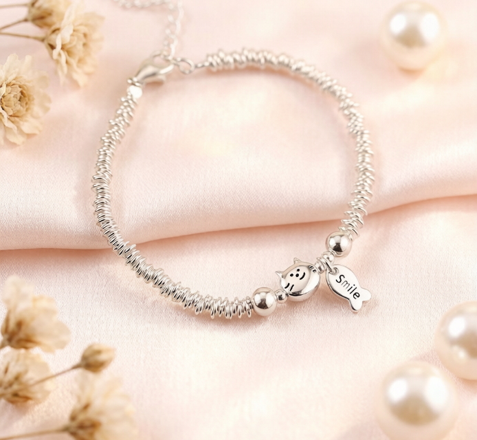 Silver Bracelet with Cat, Fish and "Smile" Charm - Cute Adjustable Jewelry for Women
