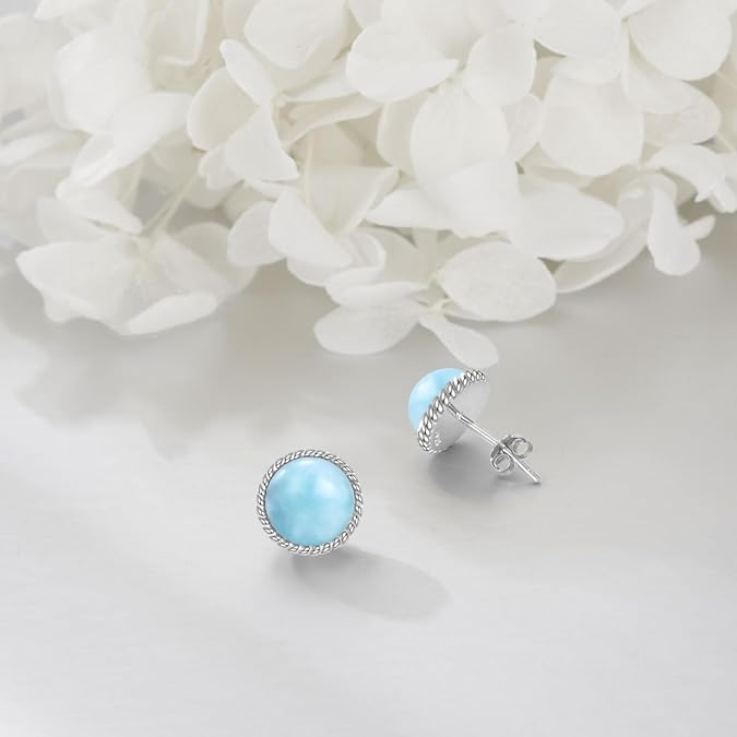 Vintage Rope Edge Stud Earrings with Light Blue Cabochon