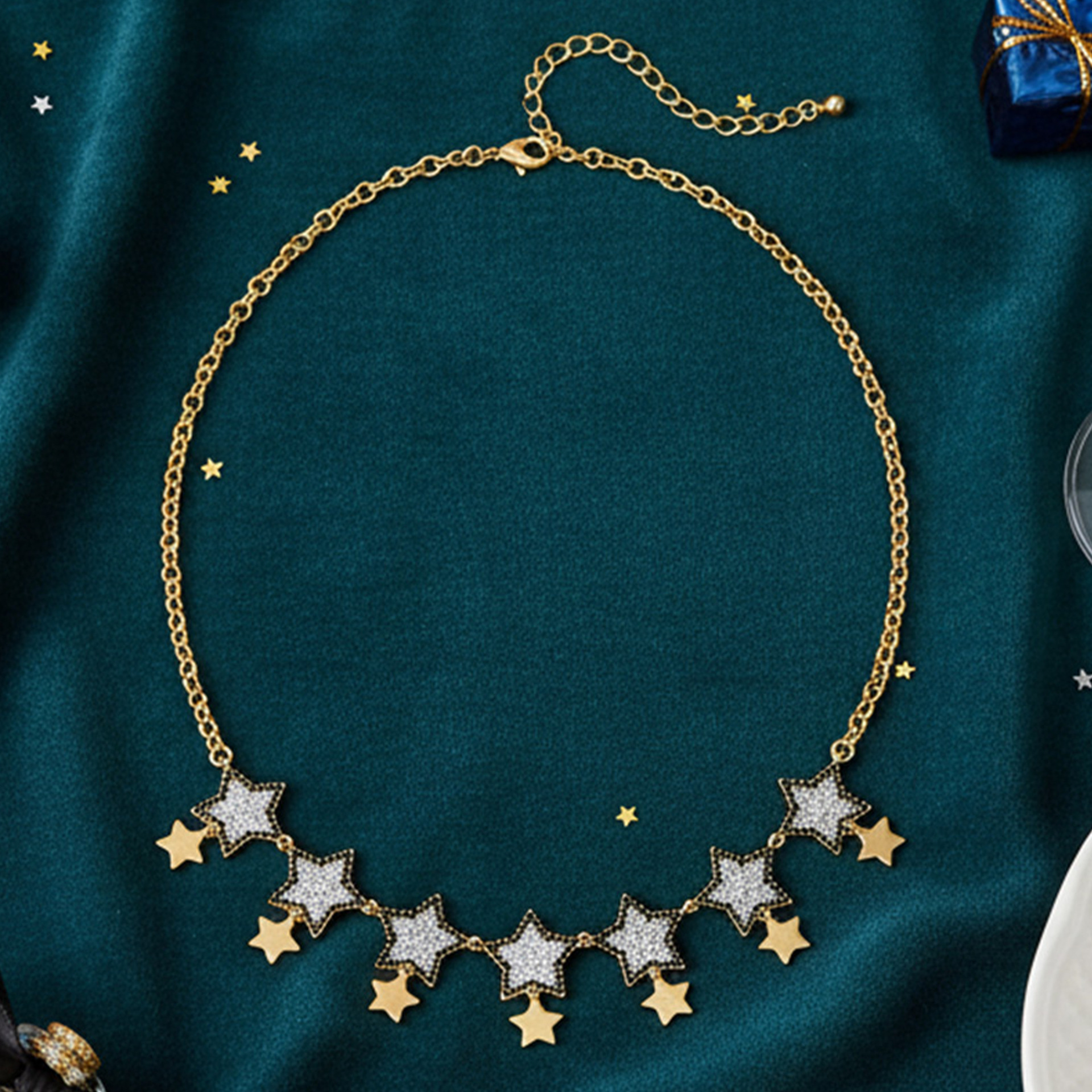 Trendy Gold-Plated Brass Double-Layer Star Necklace with Pave Setting