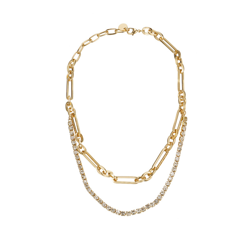 Luxury Gold Plated Copper Layered Necklace with Crystal Chain and Paperclip Link Design for Women