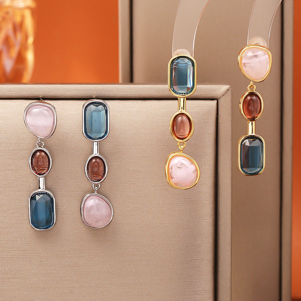 Geometric Color Block Long Drop Earrings in Gold-Tone Copper