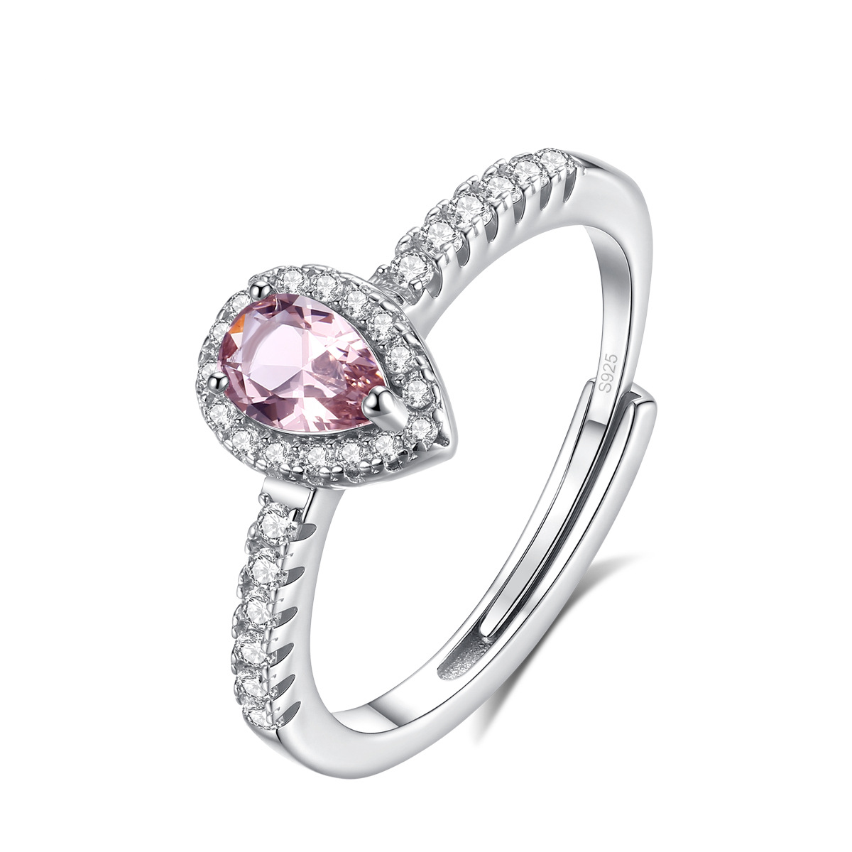 S925 Sterling Silver Pear-Cut Pink Cubic Zirconia Halo Ring with Pavé Band