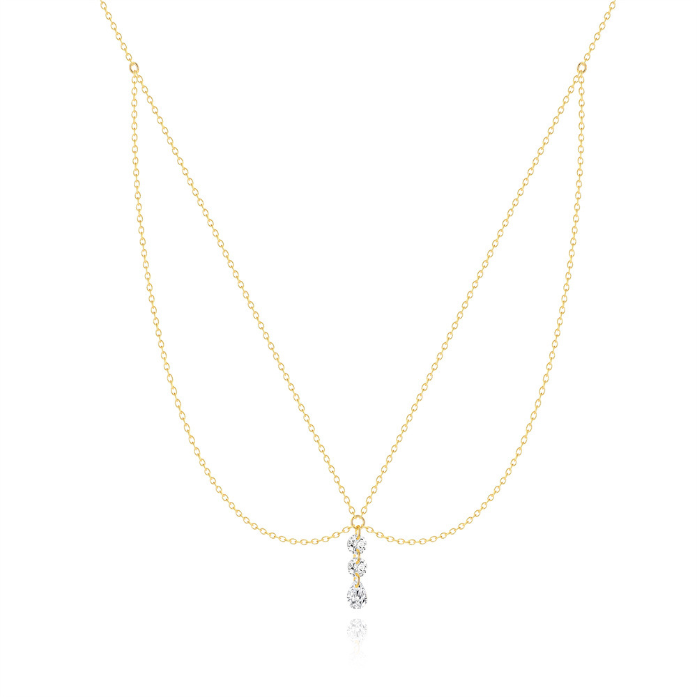 Double Chain Linear Drop Pendant Necklace with Cubic Zirconia