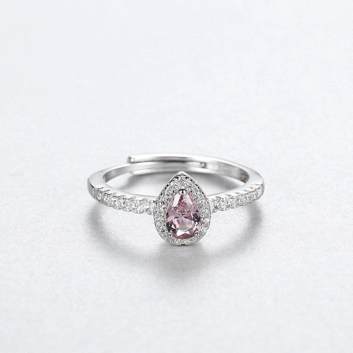 S925 Sterling Silver Pear-Cut Pink Cubic Zirconia Halo Ring with Pavé Band