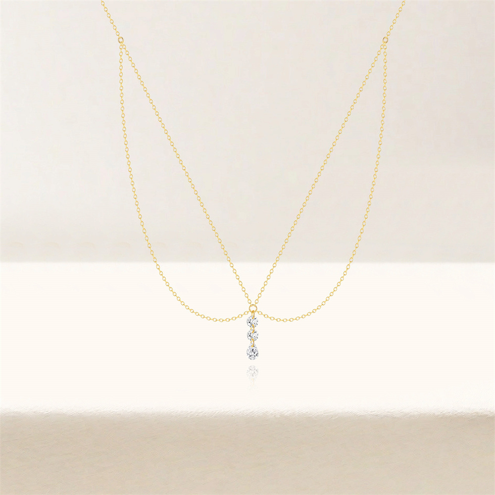 Double Chain Linear Drop Pendant Necklace with Cubic Zirconia