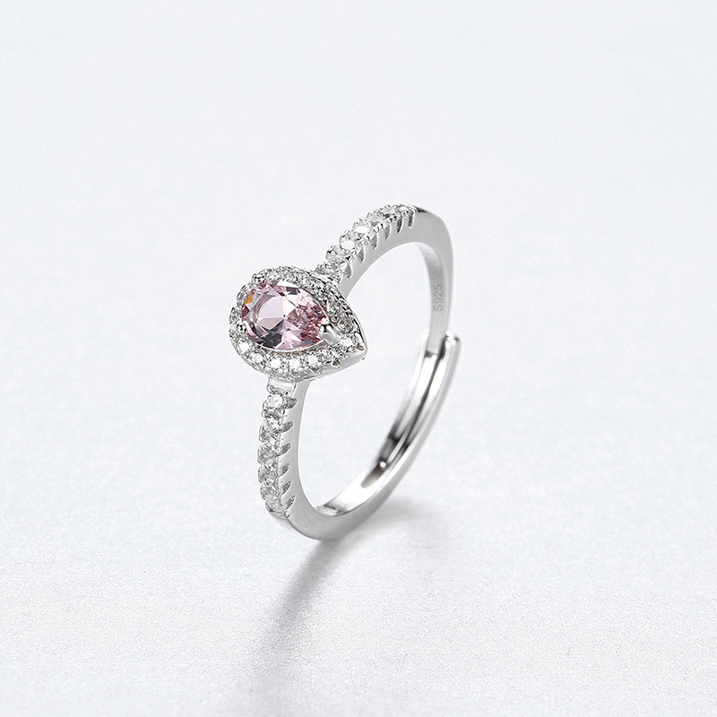 S925 Sterling Silver Pear-Cut Pink Cubic Zirconia Halo Ring with Pavé Band