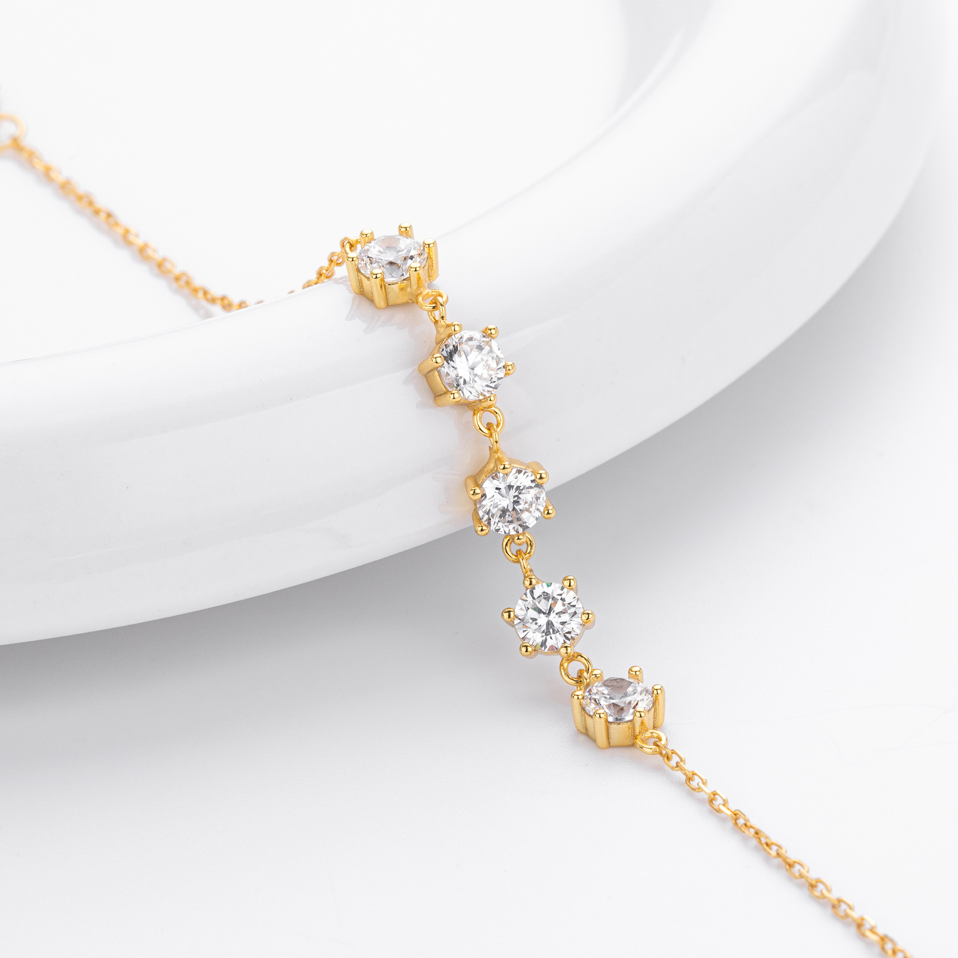 Elegant 5-Stone CZ Bar Bracelet in 925 Sterling Silver - Adjustable Satellite Chain Link Bracelet