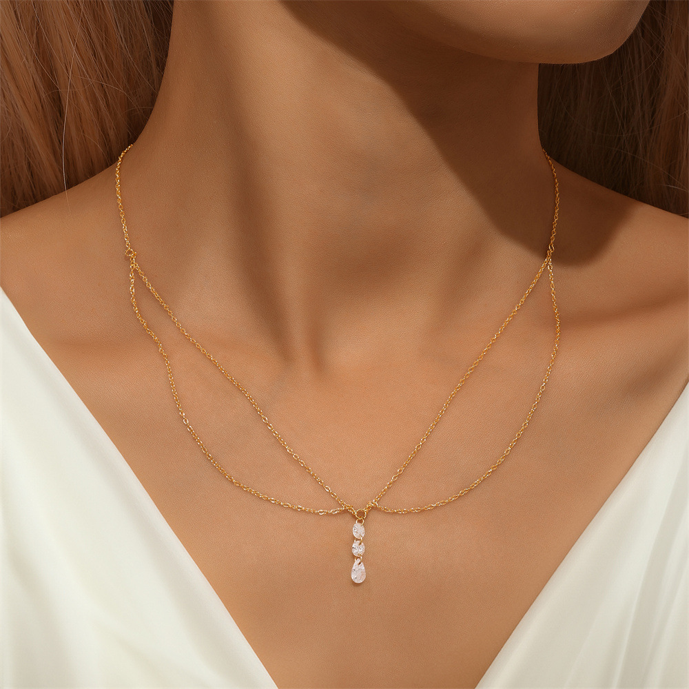 Double Chain Linear Drop Pendant Necklace with Cubic Zirconia