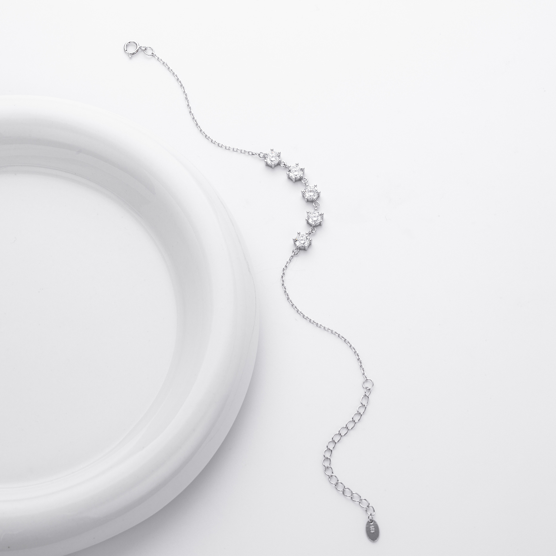 Elegant 5-Stone CZ Bar Bracelet in 925 Sterling Silver - Adjustable Satellite Chain Link Bracelet