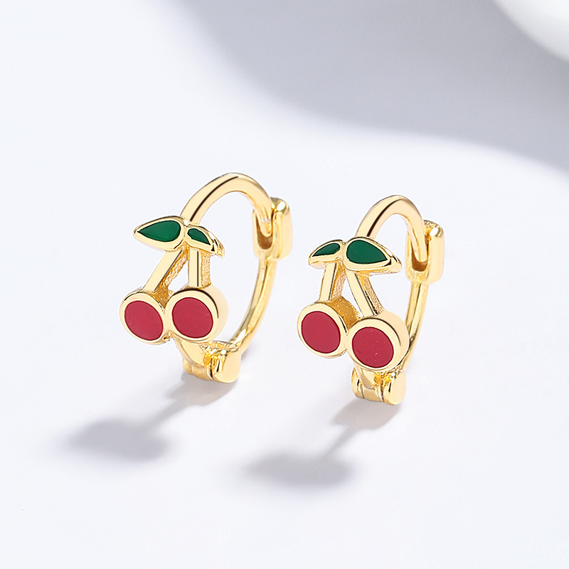 Sterling Silver Cherry Huggie Hoop Earrings
