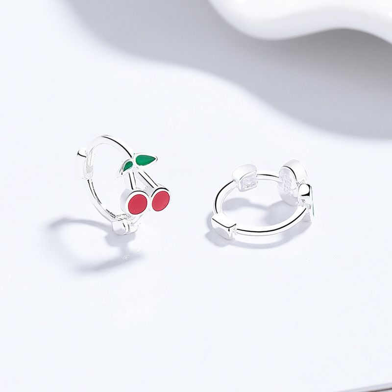 Sterling Silver Cherry Huggie Hoop Earrings