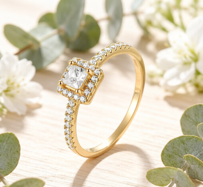 Princess Cut Halo Twist Engagement Ring in 925 Sterling Silver